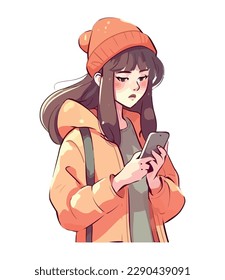 Smiling young woman in winter texting outdoors icon