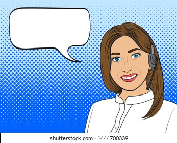 Smiling young woman working at callcenter. Consultant in headphones isolated on white background. Pop Art vintage vector illustration