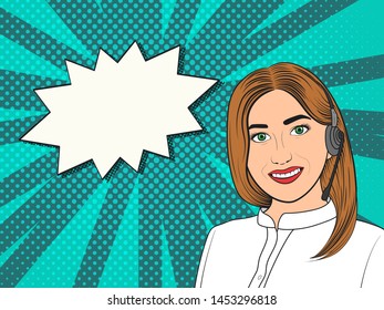 Smiling young woman working at callcenter. Consultant in headphones isolated on white background. Pop Art vintage vector illustration