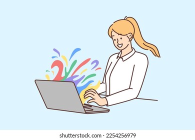 Smiling young woman working on laptop with colorful splashes coming from screen. Happy female employee brainstorm engaged in creative thinking. Vector illustration. 