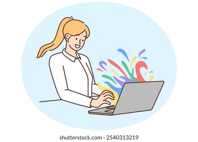 Smiling young woman working on laptop with colorful splashes coming from screen. Happy female employee brainstorm engaged in creative thinking. Vector illustration.