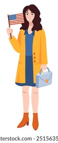 Smiling young woman in yellow coat holding American flag and briefcase in hands. Isolated cartoon character on white background. Patriotic business female. USA election concept. Vector illustration