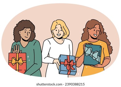 Smiling young women holding wrapped presents celebrate Christmas together. Happy girls with gifts in hands excited with New Year celebration. Vector illustration.