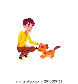 smiling youth boy stroking dog pet at home cartoon vector. smiling youth boy stroking dog pet at home character. isolated flat cartoon illustration