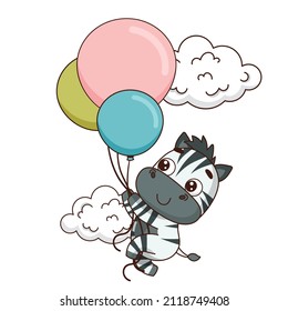 Smiling zebra flies on colorful balloons near the clouds. Vector illustration for designs, prints and patterns. Isolated on white background