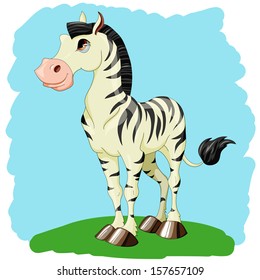 smiling zebra standing on a green grass
