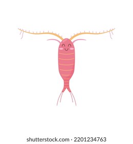 Smiling zooplankton, cartoon character - flat vector illustration isolated on whie background. Cute microscopic plankton animal drawing. Underwater life inhabitant.