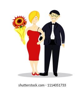 Smiling,cute lady blonde in cocktail, evening red dress with handbag, man, gentleman in green suit.Modern flat cartoons vector illustration icons.Isolated on white.Retro couple in love with flowers