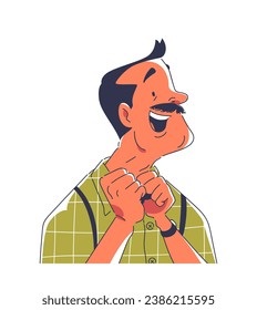 Smilling affected doodle person concept. Man with moustache in green shirt. Avatar for messengers and social networks. Cartoon flat vector illustration isolated on white background