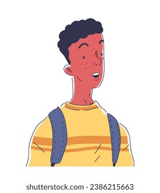 Smilling affected doodle person concept. Boy in yellow tshirt. Avatar for messengers and social networks. Poster or bannerr. Cartoon flat vector illustration isolated on white background
