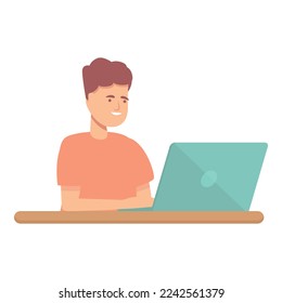 Smilling boy programming icon cartoon vector. Computer technology. Education class