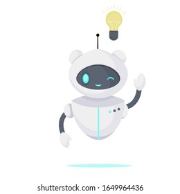 Smilling chat bot with idea lamp. Robot virtual assistance, helping solve a problems . Artificial Intelligence. Cartoon flat vector illustration.