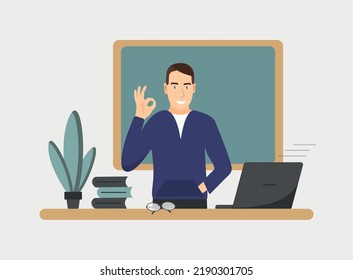 Smilling cute teacher shows ok. Online learning concept. Teacher with books and chalkboard, video lesson. Vector illustration in flat style