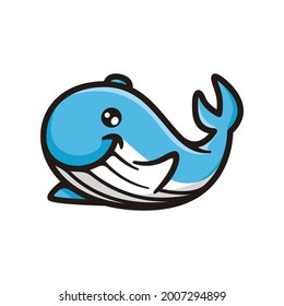 Smilling fun blue whale cartoon style with black line art bue colored and shadow detail illustration vector