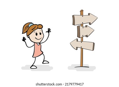 Smilling Girl Stand In Front Of A Choice. Each Arrow Has Its Own Direction And Points To The Right Path. Woman Standing On Crossroad Looking For Right Way Forward. Concept Of Success And Career.