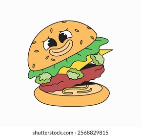 Smilling happy cartoon character burger with lettuce and cheese in vector retro hand drawn for restaurant promotions, food-related graphics, or packaging