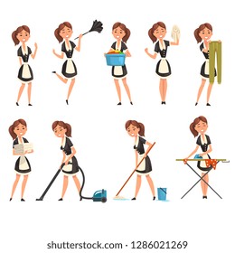 Smilling maid posing in different situations set, housemaid character wearing classic uniform, cleaning service vector Illustration