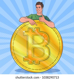 Smilling man with big bitcoin.  Gestures thumbs up. Pointing finger. Vector illustration in pop art style.