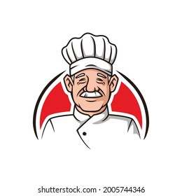 Smilling Old Chef Senior Character Mascot Logo Design Illustration Vector