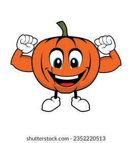 Smilling Pumpkin Mascot with Muscle Arms