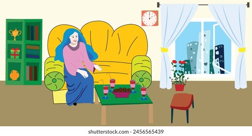 Smilling woman sitting in the living room. Happy female eating cookies set upon a small table; 