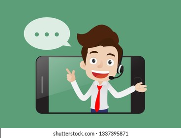 Smilling young man operator with headset speaking from smart phone screen, Call center customer service business concept, Cartoon vector illustration