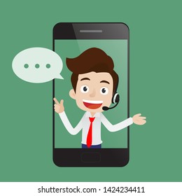 Smilling young man operator with headset speaking from smart phone screen, Call center customer service business concept, Cartoon vector illustration