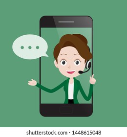 Smilling young woman operator with headset speaking from smart phone screen, Call center customer service business concept, Cartoon vector illustration