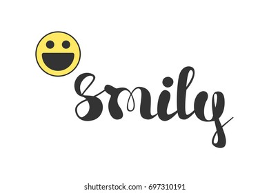 Smily hand lettering with smiling face, brush ink calligraphy, vector type design, isolated on white background.
