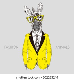 smily zebra boy dressed up in office suit, fashion animal illustration, anthropomorphic design, furry art, hand drawn graphic 