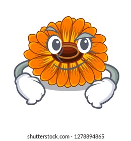 Smirking calendula flowers in a cartoon basket