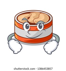Smirking canned tuna above character wooden table