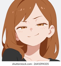 Smirking Cartoon Girl with Brown Hair, Suspicious Gaze