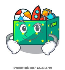 Smirking cartoon toy boxes in a bedroom