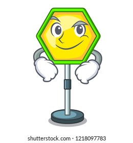 Smirking cartoon traffic sign on traffic road