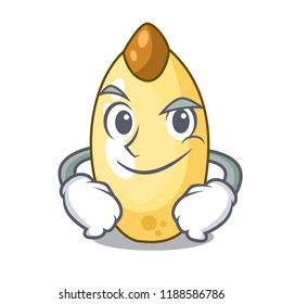 Smirking character brown cedar nut fruit on plate