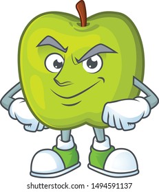 Smirking character granny smith green apple with mascot