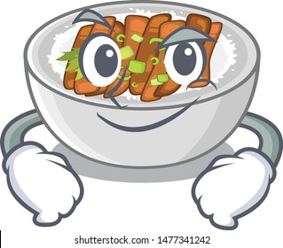 Smirking donburi is served in cartoon bowl