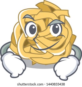 Smirking fettuccine is served on cartoon plate