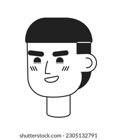 Smirking hispanic guy with bowl haircut monochrome flat linear character head. Mushroom cut hair. Editable outline hand drawn human face icon. 2D cartoon spot vector avatar illustration for animation