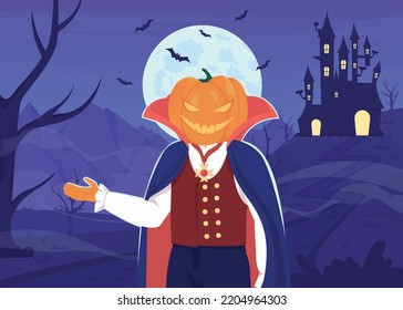 Smirking Jack O Lantern Flat Color Vector Illustration. Man With Pumpkin Head. Scary Scene For Fall Festival. Fully Editable 2D Simple Cartoon Character With Spooky Halloween Night On Background