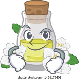 Smirking jasmine oil bottle above mascot table