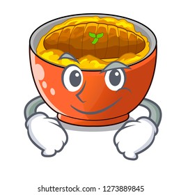 Smirking katsudon sauce in the character bowl