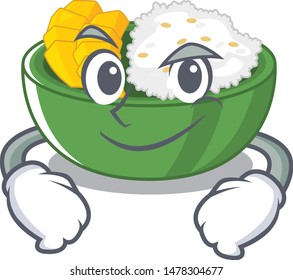 Smirking mango sticky rice in cartoon plate