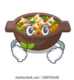 Smirking minestrone is served in cartoon bowl