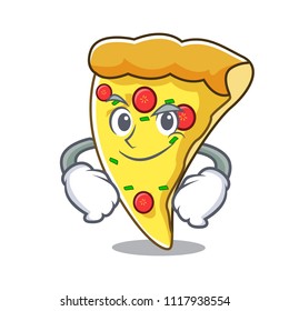 Smirking pizza slice character cartoon