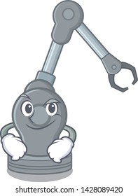 Smirking toy robotic arm machine on cartoon shape