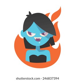 Smirking young vampire girl, blue color skin character in black color dresses, with a short dark color hair, isolated on fire icon background, simplicity cartoon flat style, vector illustration icon.