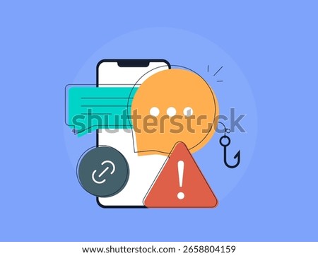 Smishing alert icon in group chat with fake SMS or messenger links. Warning about phishing link risks and spam link in chat groups. Smishing attack scenarios in mobile messaging vector illustration