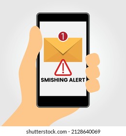 Smishing concept. Hand holding a cell phone with a fraudulent sms on the screen. Electronic messaging scam alert